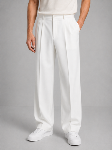Full-length view of men's straight-leg trousers styled with a shirt and blazer
