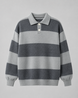 Model wearing relaxed-fit knitted polo sweater with ribbed hem detail