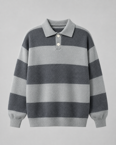 Model wearing relaxed-fit knitted polo sweater with ribbed hem detail