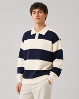 Front view of relaxed-fit striped knitted polo with two-button placket