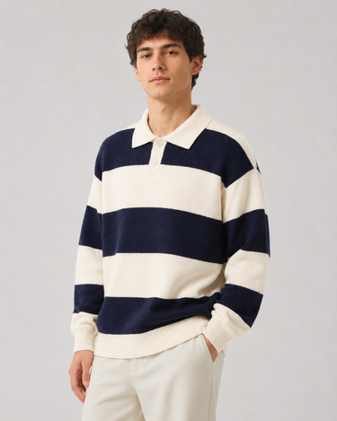 Front view of relaxed-fit striped knitted polo with two-button placket