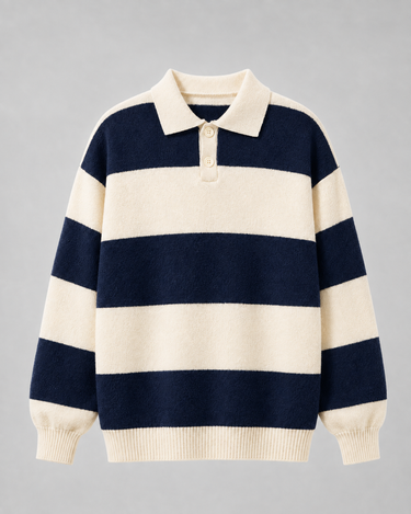 Close-up of horizontal stripe pattern on knitted polo body