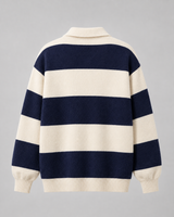 Back view of men's striped knitted polo sweater