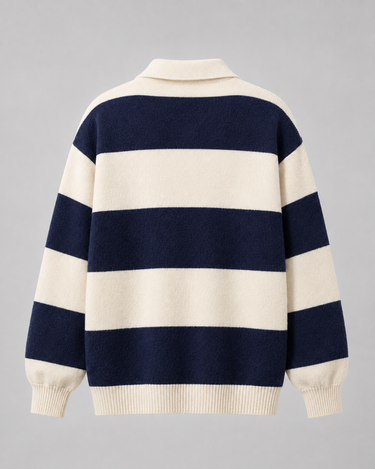 Back view of men's striped knitted polo sweater