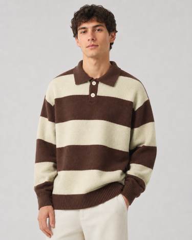 Close-up of ribbed cuffs on men's long sleeve knitted polo sweater