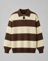 Three-quarter view of men's rugby stripe polo sweater