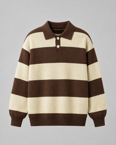 Three-quarter view of men's rugby stripe polo sweater