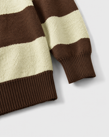 Detail shot of knitted polo collar and two-button placket