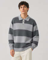 Men's knitted polo sweater with wide horizontal rugby stripes and polo collar
