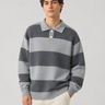 Men's knitted polo sweater with wide horizontal rugby stripes and polo collar