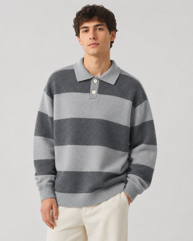 Men's knitted polo sweater with wide horizontal rugby stripes and polo collar
