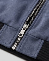 Rear view of men's suede bomber jacket with ribbed hem
