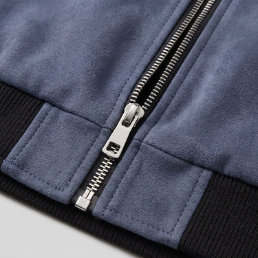 Rear view of men's suede bomber jacket with ribbed hem