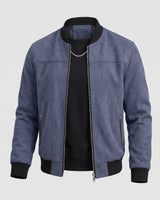 Close-up of ribbed collar on men's suede bomber jacket