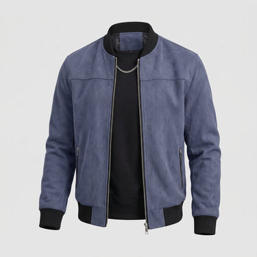 Close-up of ribbed collar on men's suede bomber jacket