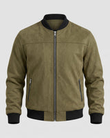 Front zip fastening detail on men's suede bomber jacket
