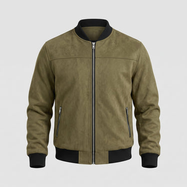 Front zip fastening detail on men's suede bomber jacket