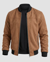 Side profile of men's suede bomber jacket showing relaxed silhouette