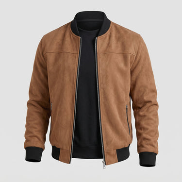Side profile of men's suede bomber jacket showing relaxed silhouette
