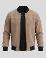 Men's suede bomber jacket worn open showing interior