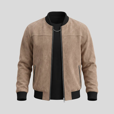 Men's suede bomber jacket worn open showing interior