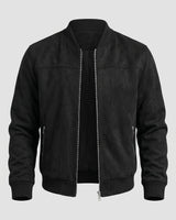 Close-up of ribbed hem detail on men's suede bomber jacket