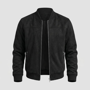 Close-up of ribbed hem detail on men's suede bomber jacket