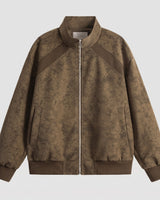 Rear view of the men's faux leather bomber jacket with patchwork detail