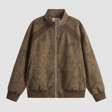 Rear view of the men's faux leather bomber jacket with patchwork detail