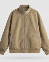 Close-up of ribbed cuffs on the faux leather bomber jacket