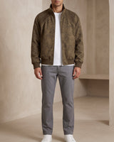 Men's faux leather bomber jacket with stand collar and zip front, shown from the front