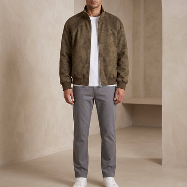 Men's faux leather bomber jacket with stand collar and zip front, shown from the front