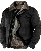 Close-up of the western collar and top button detail on the suede jacket