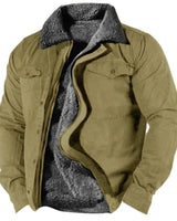 Rear view of the men's suede jacket highlighting the contrast seam across the shoulders