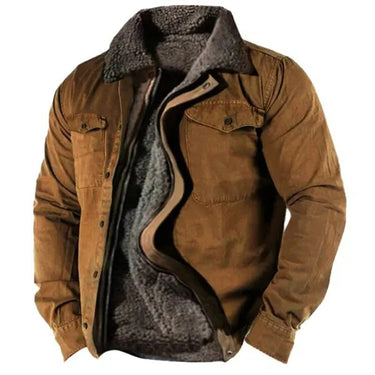 Front view of men's suede western jacket with button closure and contrast seam detailing