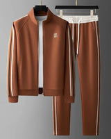 Close-up of zip-front stand collar jacket with side stripe detail