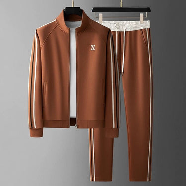 Close-up of zip-front stand collar jacket with side stripe detail