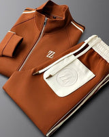 Front view of men's two-piece tracksuit set with zip jacket and matching joggers