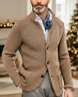Stand collar detail on men's waffle-knit cardigan