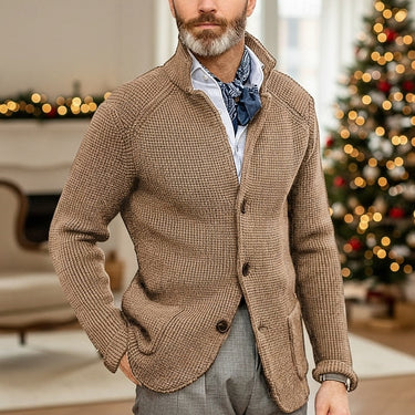 Stand collar detail on men's waffle-knit cardigan