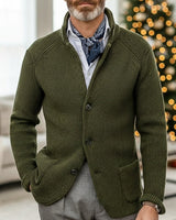 Side view of men's waffle-knit cardigan showing silhouette and length