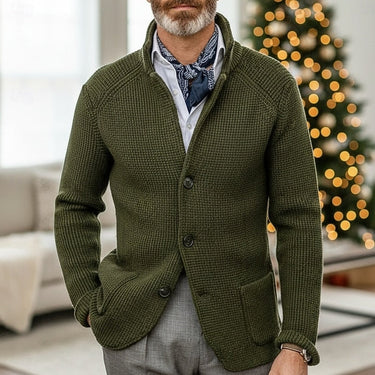 Side view of men's waffle-knit cardigan showing silhouette and length