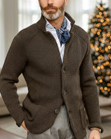 Close-up of front patch pocket on waffle-knit cardigan