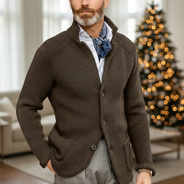 Close-up of front patch pocket on waffle-knit cardigan