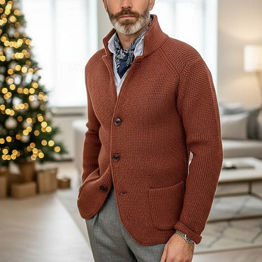 Men's cardigan worn buttoned up with stand collar visible