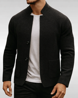 Front view of the cardigan with buttons fastened and stand collar visible