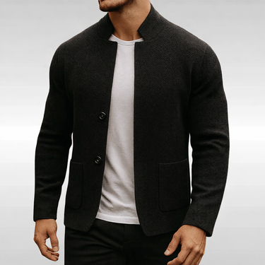 Front view of the cardigan with buttons fastened and stand collar visible