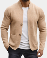 Men's waffle knit cardigan with stand collar and two-button front, worn casually