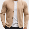 Men's waffle knit cardigan with stand collar and two-button front, worn casually