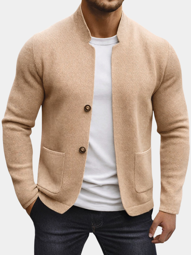 Men's waffle knit cardigan with stand collar and two-button front, worn casually